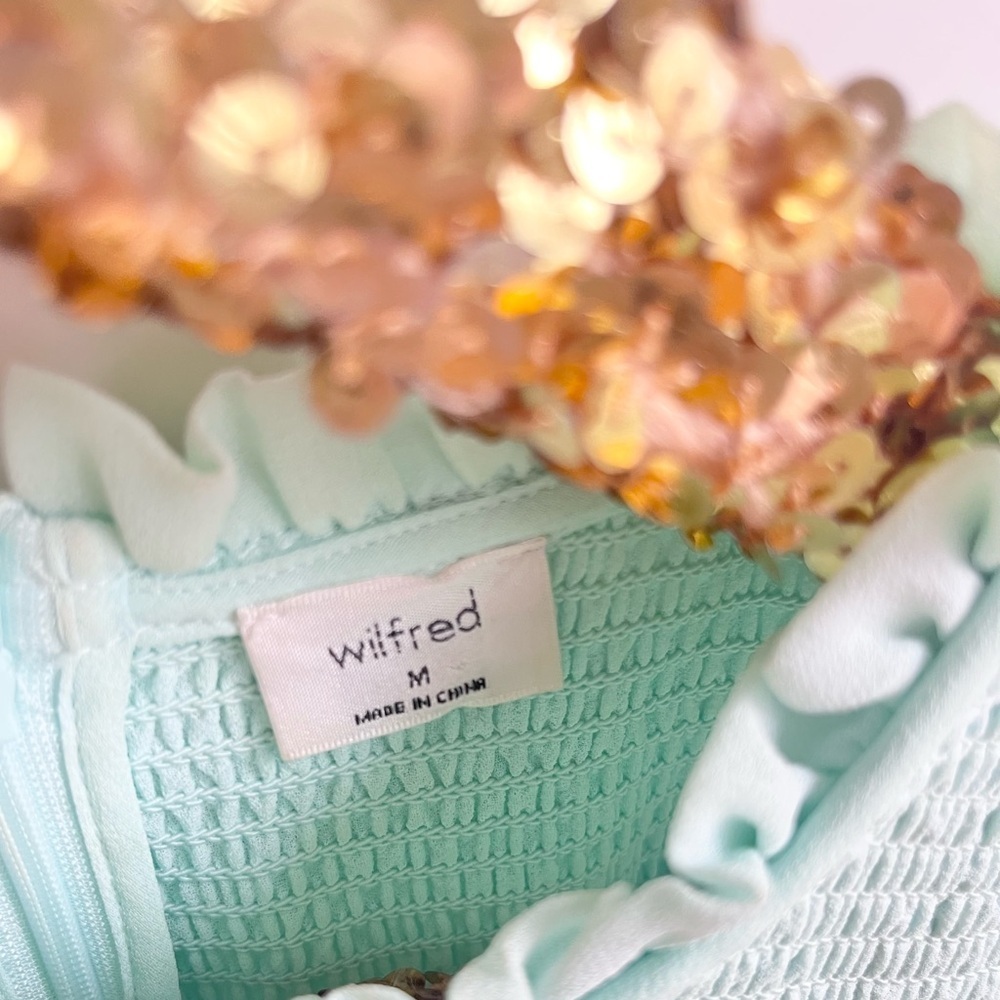 Aritzia Wilfred Pale Mint Smocked Chiffon Ruffle Temptest Top Cottagecore - Picture 3 of 8